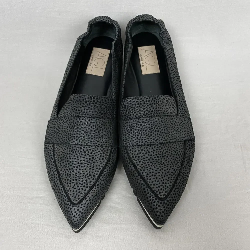 AGL Pointer Loafer Womens 9 39.5 Gray Black Slip On Shoes‎ Flats Italy Luxury